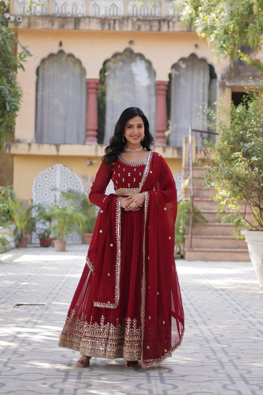 Stunning Maroon Sequins Georgette Festival Wear Gown With Dupatta