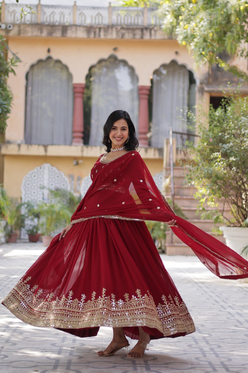 Stunning Maroon Sequins Georgette Festival Wear Gown With Dupatta