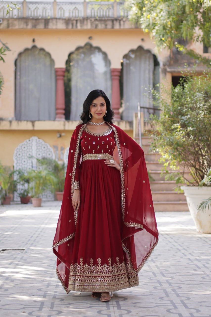 Stunning Maroon Sequins Georgette Festival Wear Gown With Dupatta