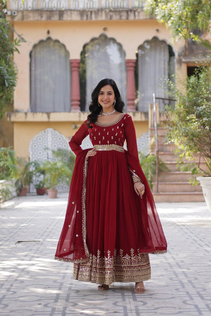 Stunning Maroon Sequins Georgette Festival Wear Gown With Dupatta