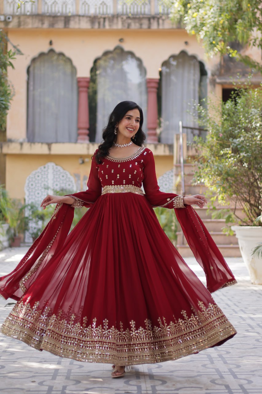 Stunning Maroon Sequins Georgette Festival Wear Gown With Dupatta
