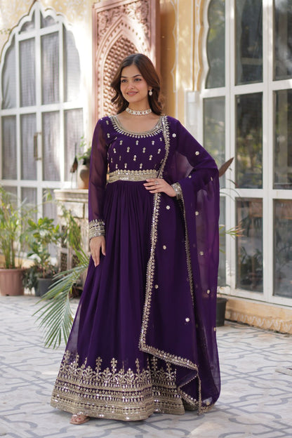 Stunning Purple Sequins Georgette Festival Wear Gown With Dupatta