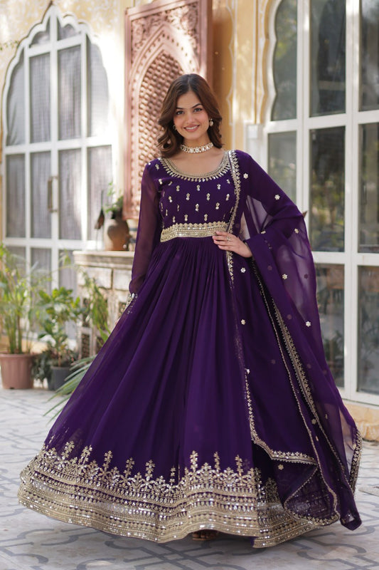 Stunning Purple Sequins Georgette Festival Wear Gown With Dupatta