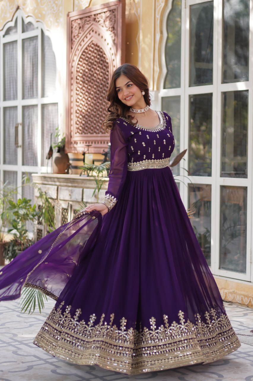 Stunning Purple Sequins Georgette Festival Wear Gown With Dupatta
