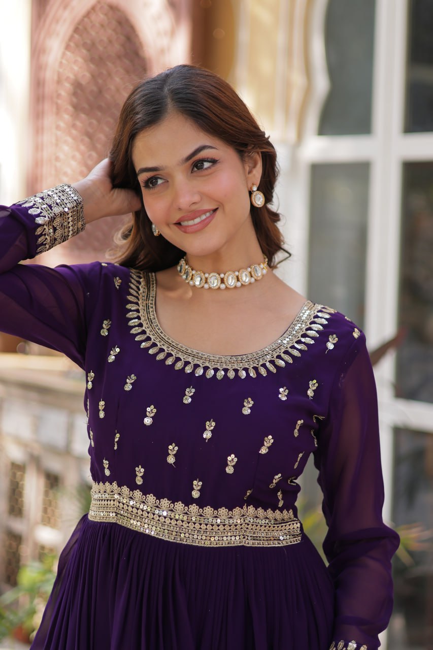 Stunning Purple Sequins Georgette Festival Wear Gown With Dupatta