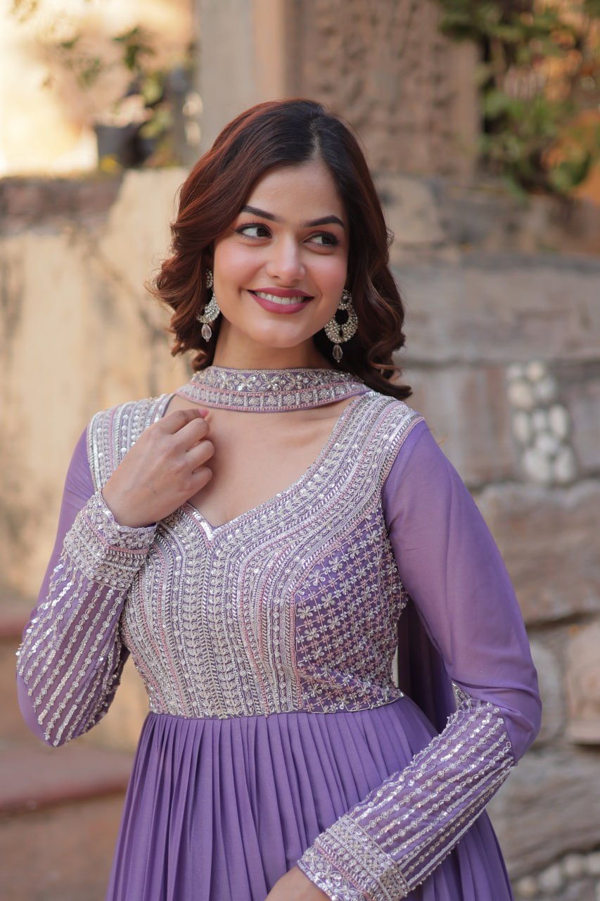 Georgette Purple Colour Sequence Worked Gown With Dupatta
