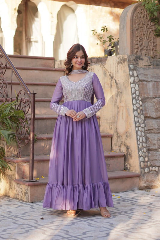 Georgette Purple Colour Sequence Worked Gown With Dupatta