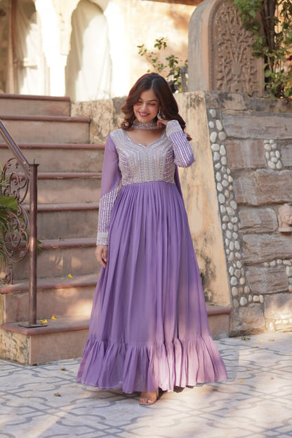 Georgette Purple Colour Sequence Worked Gown With Dupatta