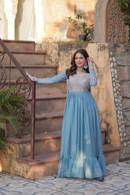 Georgette Sequence Worked Gown With Dupatta