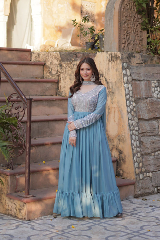 Georgette Sequence Worked Gown With Dupatta