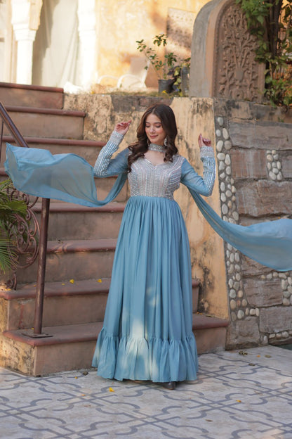 Georgette Sequence Worked Gown With Dupatta