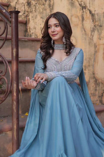 Georgette Sequence Worked Gown With Dupatta