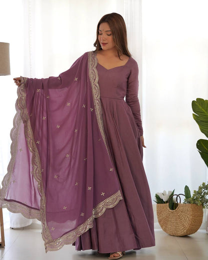 Chanderi Silk  Anarkali Gown With Pant & Dupatta Set