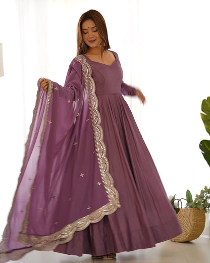 Chanderi Silk  Anarkali Gown With Pant & Dupatta Set