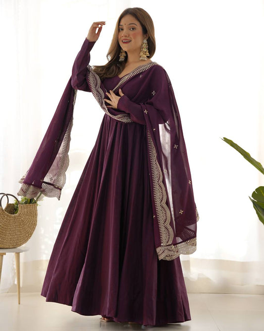 Chanderi Silk Wine Anarkali Gown With Pant & Dupatta Set