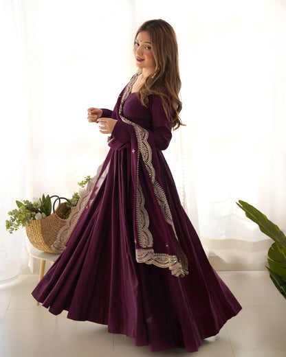 Chanderi Silk Wine Anarkali Gown With Pant & Dupatta Set