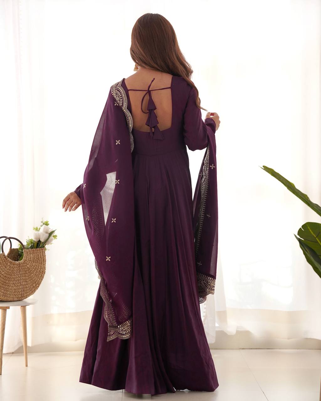 Chanderi Silk Wine Anarkali Gown With Pant & Dupatta Set