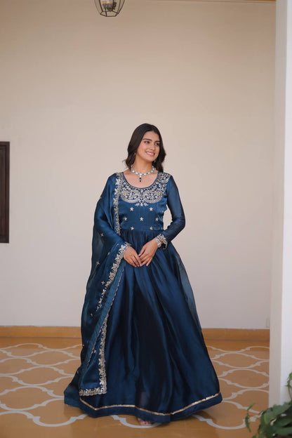 Renuka Rama Colour Pure Burberry Silk Embroidered Gown Set