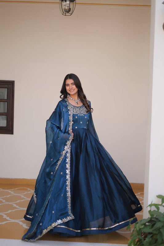Renuka Rama Colour Pure Burberry Silk Embroidered Gown Set