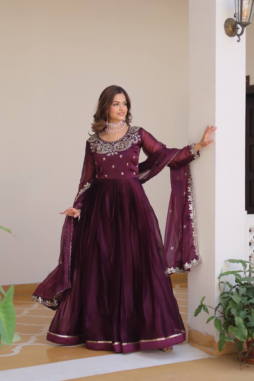 Renuka Pure Burberry Silk Embroidered Gown Set