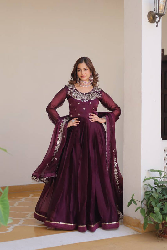 Renuka Pure Burberry Silk Embroidered Gown Set