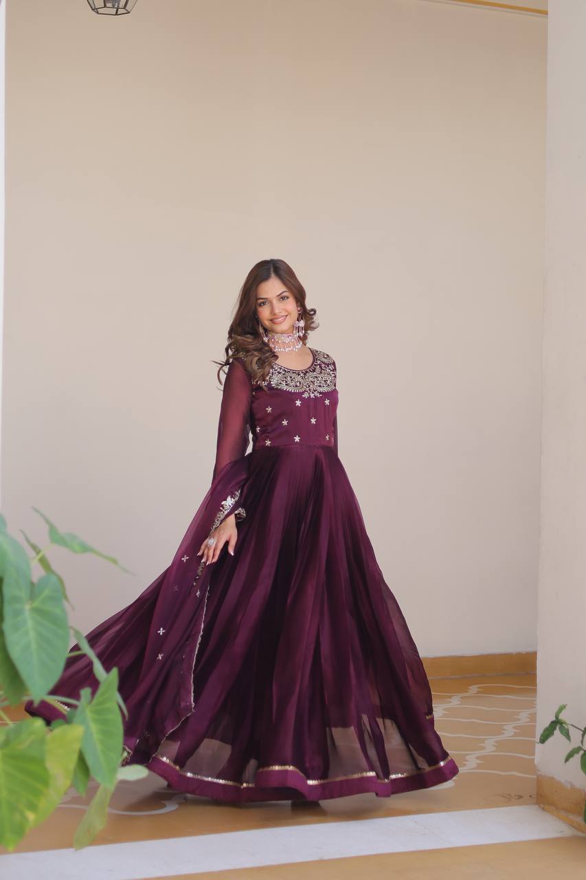 Renuka Pure Burberry Silk Embroidered Gown Set
