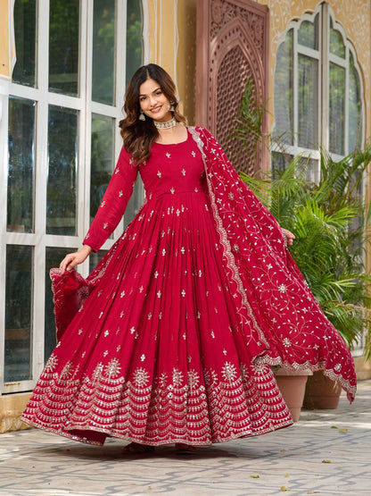 Crimson Red Vichitra Silk Sequins-Work Readymade Gown With Dupatta For Traditional / Religious-Occasions