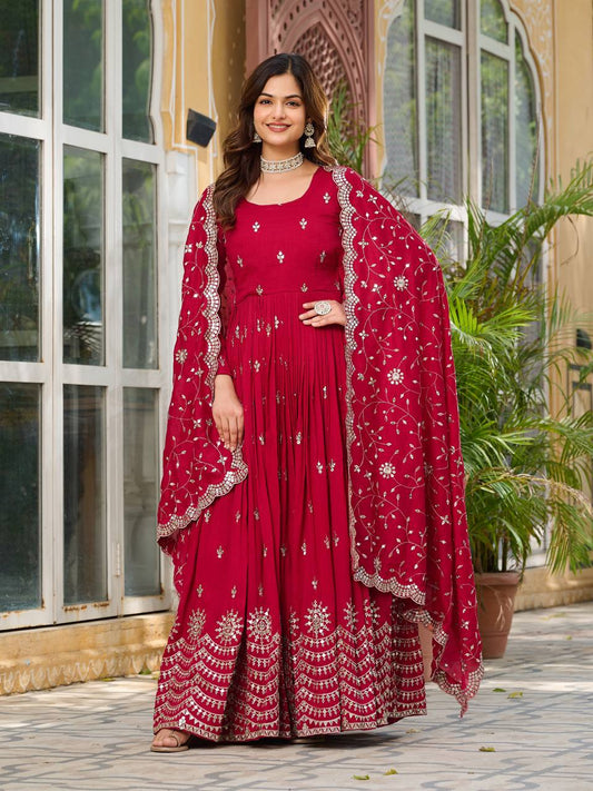 Crimson Red Vichitra Silk Sequins-Work Readymade Gown With Dupatta For Traditional / Religious-Occasions