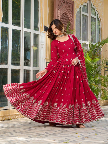 Crimson Red Vichitra Silk Sequins-Work Readymade Gown With Dupatta For Traditional / Religious-Occasions