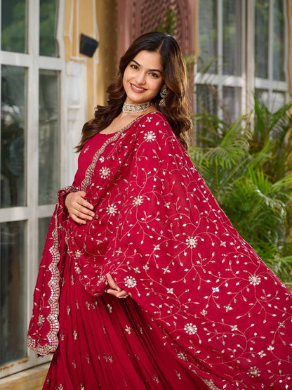 Crimson Red Vichitra Silk Sequins-Work Readymade Gown With Dupatta For Traditional / Religious-Occasions
