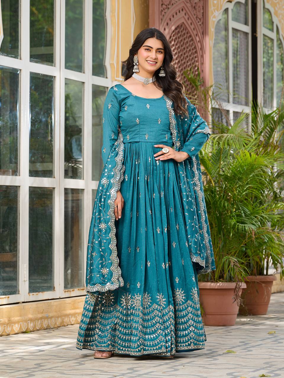 Crimson Rama Vichitra Silk Sequins-Work Readymade Gown With Dupatta For Traditional / Religious-Occasions
