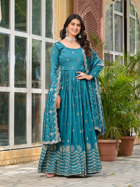 Crimson Rama Vichitra Silk Sequins-Work Readymade Gown With Dupatta For Traditional / Religious-Occasions