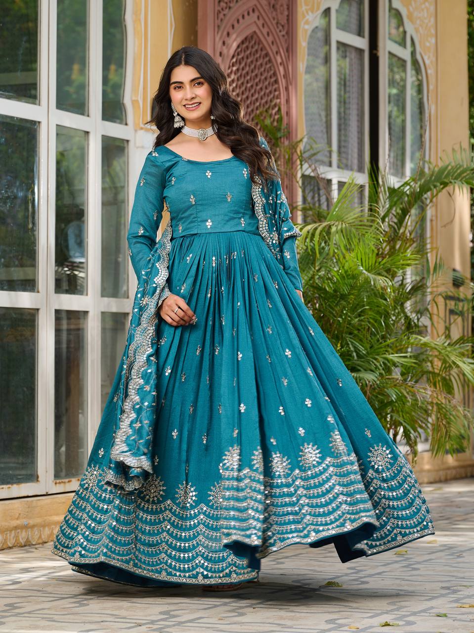 Crimson Rama Vichitra Silk Sequins-Work Readymade Gown With Dupatta For Traditional / Religious-Occasions