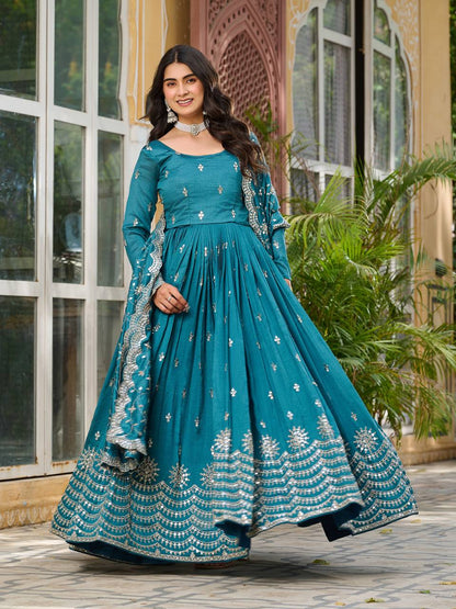 Crimson Rama Vichitra Silk Sequins-Work Readymade Gown With Dupatta For Traditional / Religious-Occasions