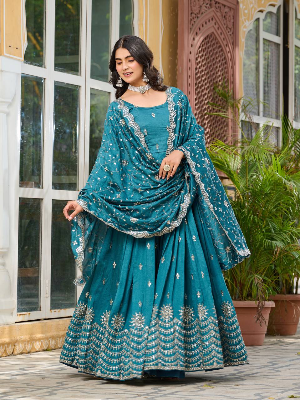 Crimson Rama Vichitra Silk Sequins-Work Readymade Gown With Dupatta For Traditional / Religious-Occasions