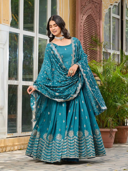 Crimson Rama Vichitra Silk Sequins-Work Readymade Gown With Dupatta For Traditional / Religious-Occasions