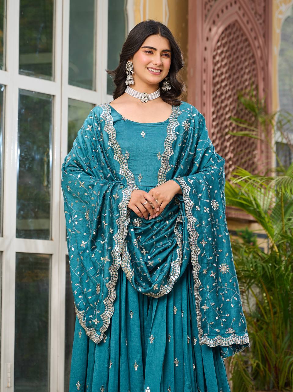 Crimson Rama Vichitra Silk Sequins-Work Readymade Gown With Dupatta For Traditional / Religious-Occasions